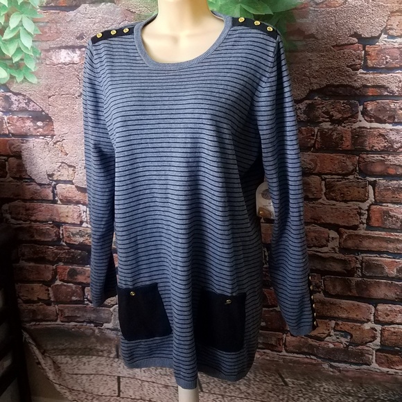 Blue Button Decor Tunic Sweater - Picture 1 of 4
